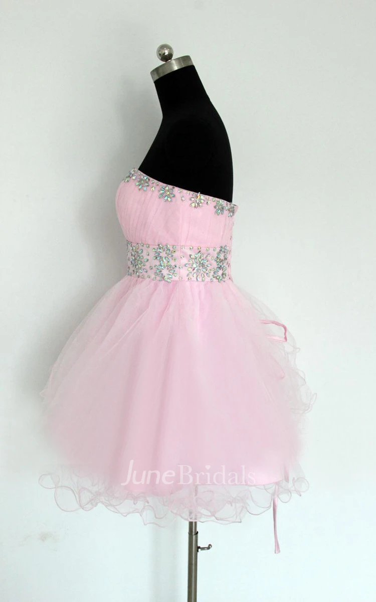 Short Tulle Empire Dress With Beading And Ruffles