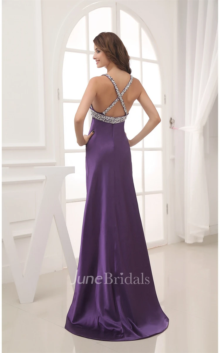 Plunged Front-Split Satin Dress with Gemmed Waist and Sweep Train
