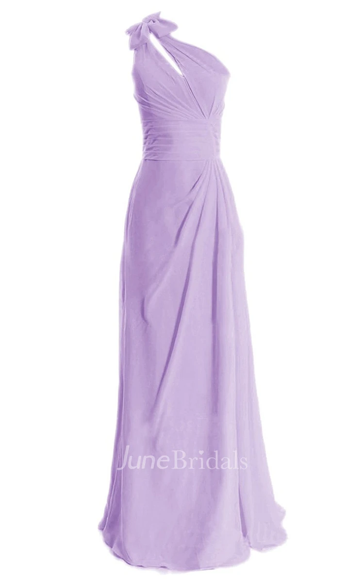 One-shoulder Side-drapping Chiffon A-line Gown With Bow
