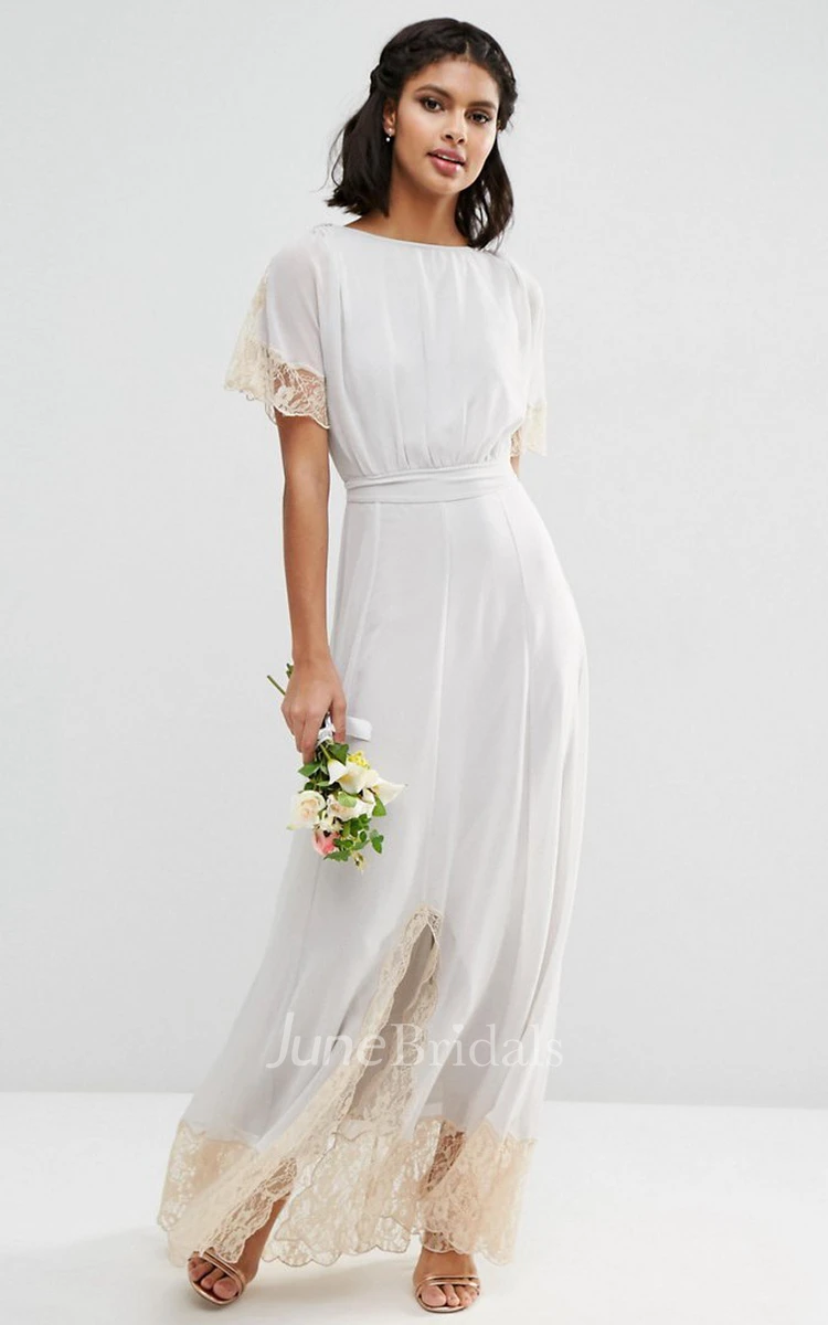 Sheath Ankle-Length Short Sleeve Scoop Neck Lace Chiffon Bridesmaid Dress