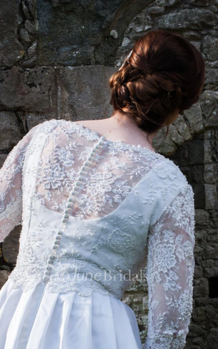 V-Neck Long Lace Sleeve A-Line Taffeta Wedding Dress