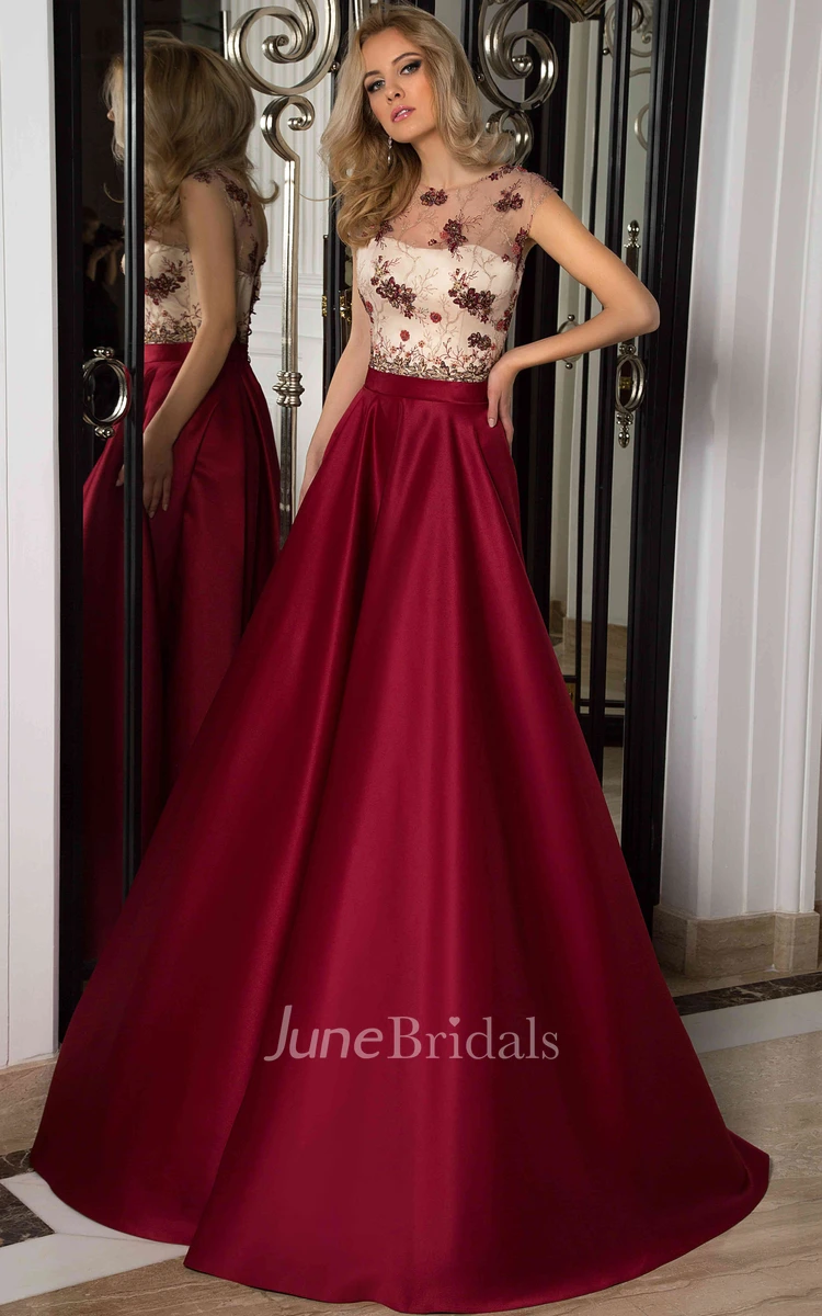 A-Line Scoop Cap-Sleeve Floor-Length Lace Satin Prom Dress With Lace-Up Back And Appliques