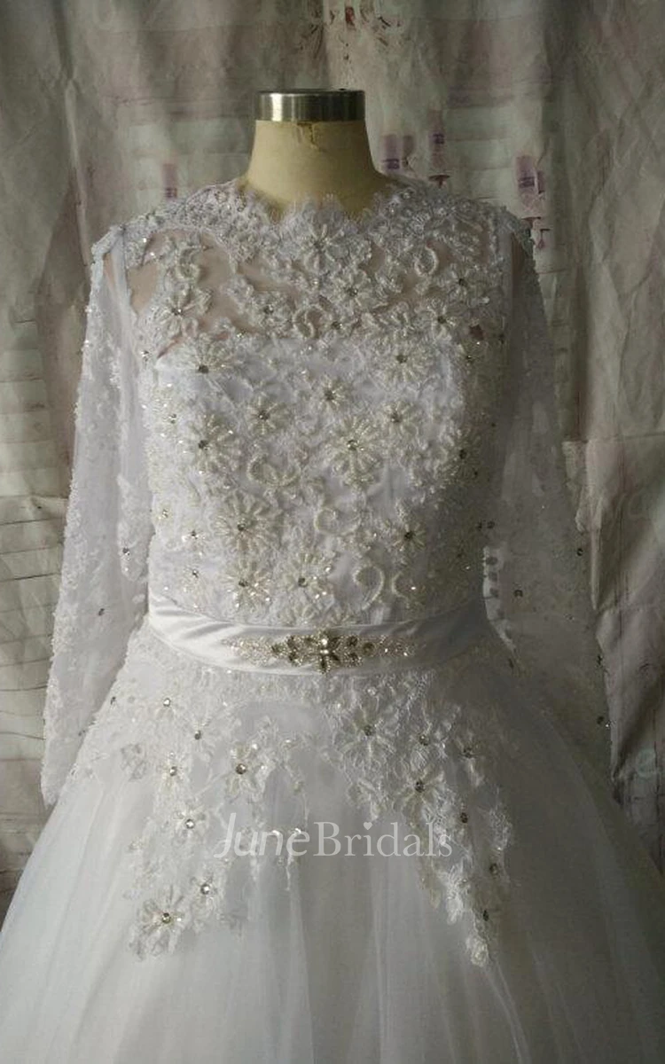 Jewel Illusion Sleeve Button Back Tulle Wedding Dress With Sequins And Sash
