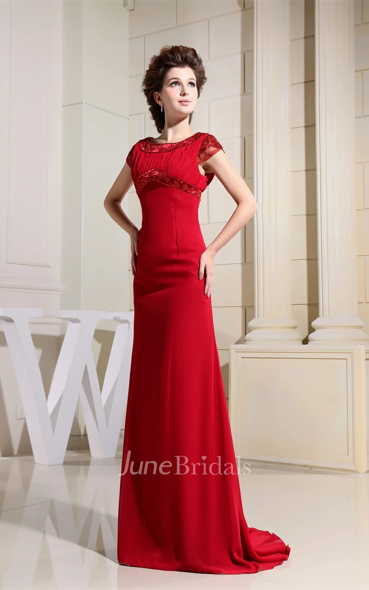 Refined High-Neck Caped-Sleeve Dress With Lace and Brush Train