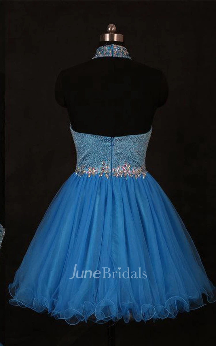 High-neck Short Tulle Dress With Beading And Sequins
