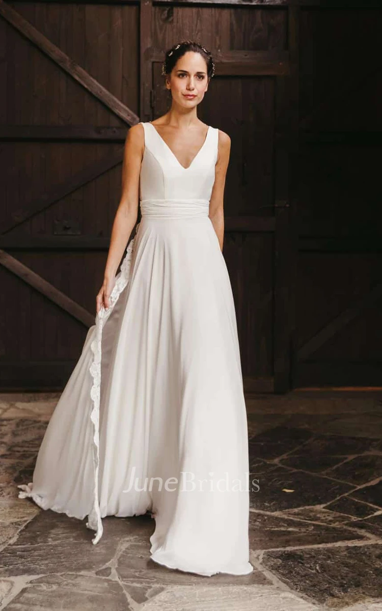 Romantic A-Line V-neck Chiffon Wedding Dress With Button Back And Chapel Train