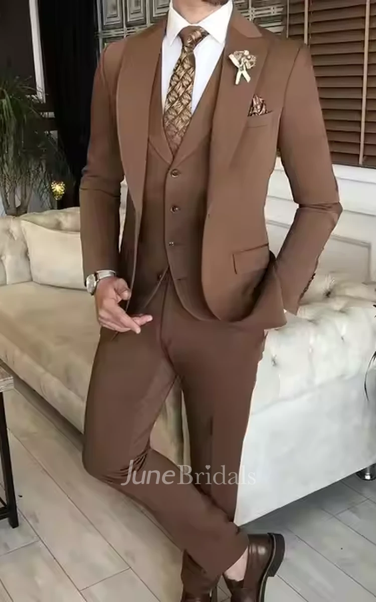 Modern Formal Brown Men's Three Piece Suit Single Breasted Peak Lapel Slim Fit Wedding Formal Suit Blazer Jacket Vest Pants