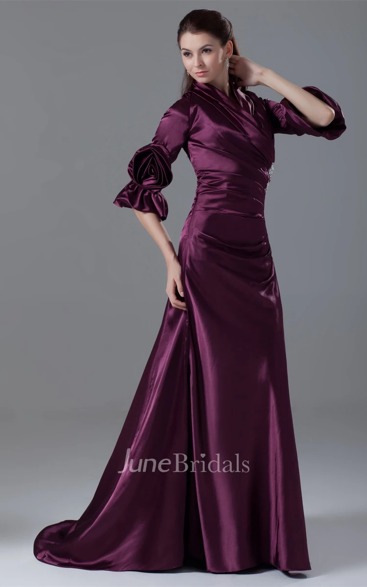 Exquisite Long-Sleeve Side-Ruched Gown with Flower and Beading