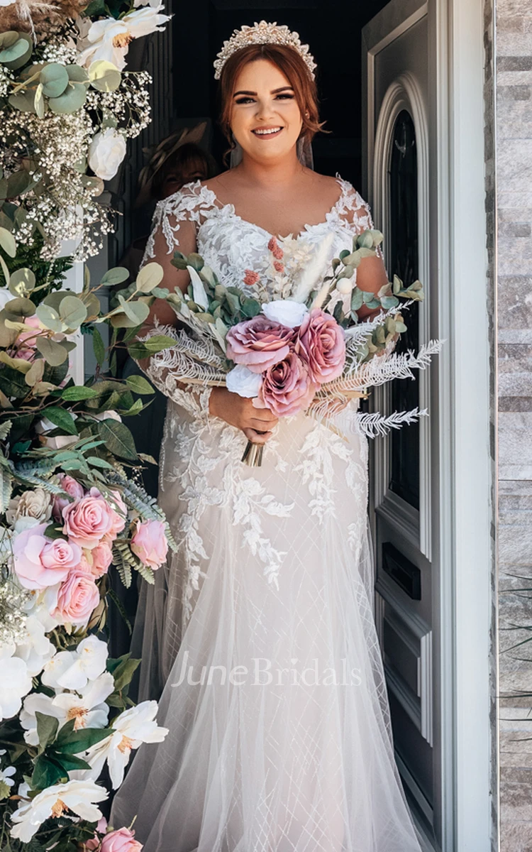 Long Sleeve Lace Mermaid Fall V-neck Elegant Wedding Dress Floor-length Women Garden