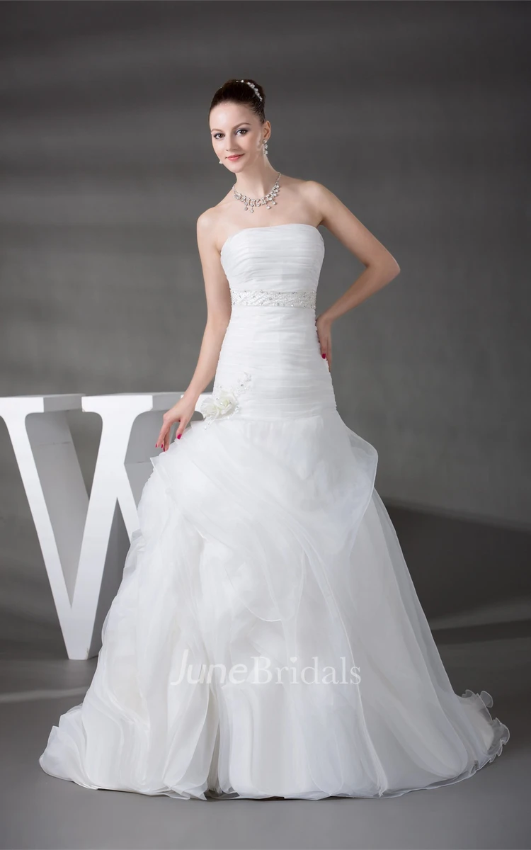 Strapless Ruched A-Line Gown with Flower and Gemmed Waist