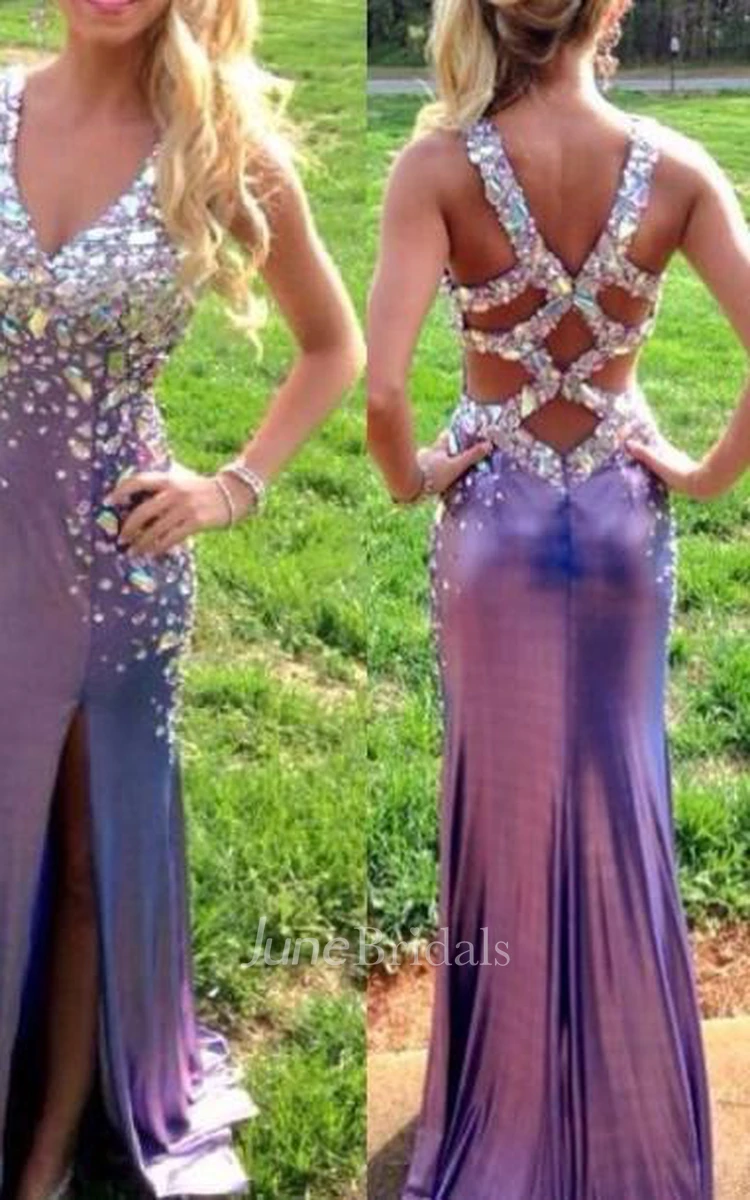 Sexy Crystal Beadings V-Neck Prom Gowns Front Spilt Evening Dresses