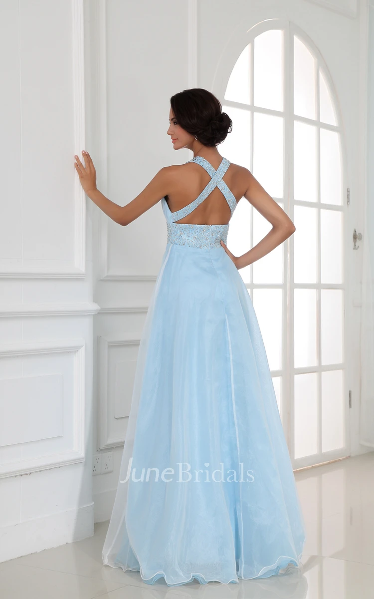 Halter Floor-Length V-Neck A-Line Gown With Sequined Waist