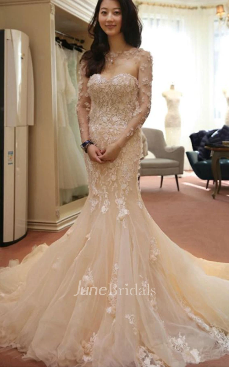 Sheer Flowers Long Sleeve Mermaid Wedding Dress Sheer Flowers Long Sleeve Mermaid Wedding Dress