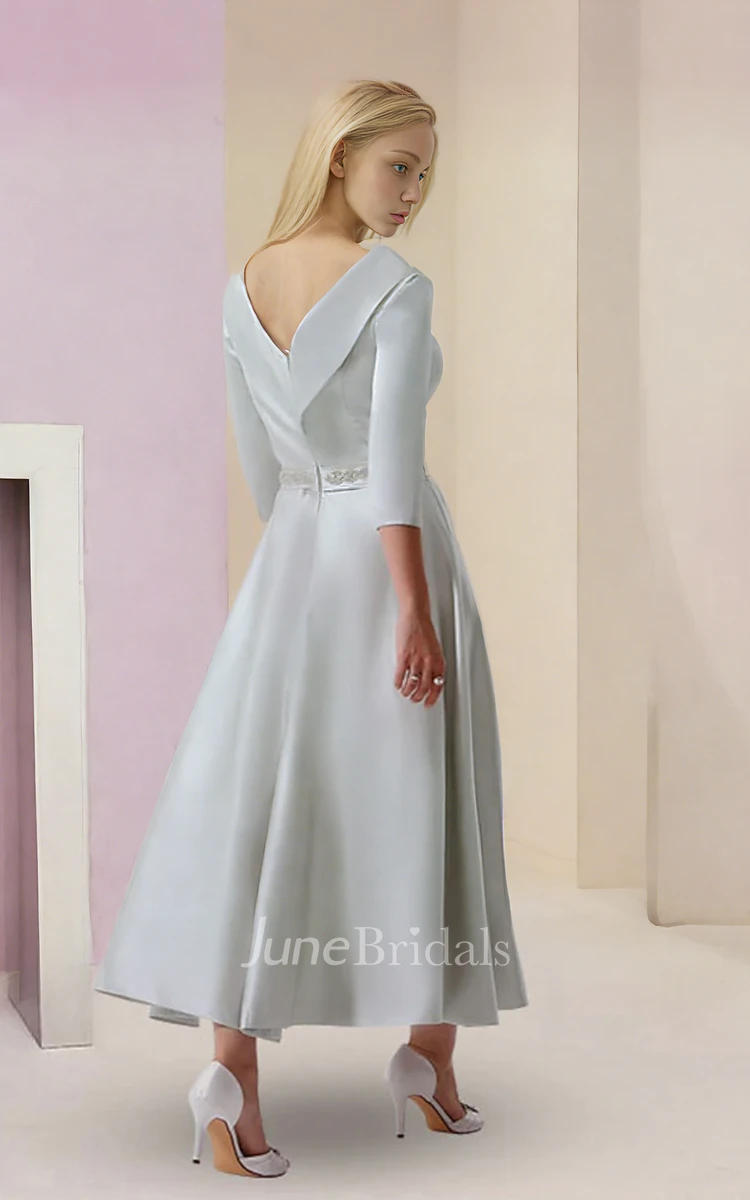 Jewel Neck Vintage Modest A-Line Satin Elegant Petite Women Tea-length Long Sleeve Low-V Back Mother Evening Guest Dress with Sash