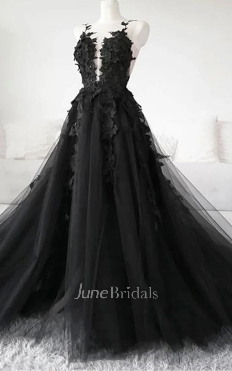 Sexy Floral Gothic Black Boho Lace Long Wedding Dress Elegant A-Line Backless Deep V-Neck Ball Gown with Appliques