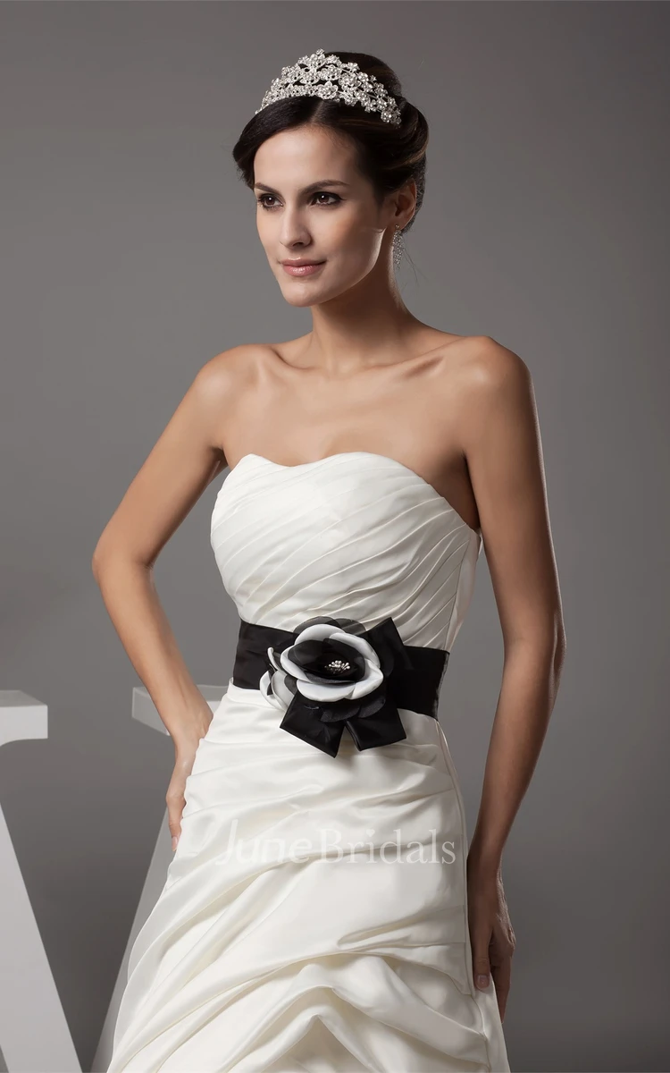 Strapless Ruched A-Line Dress with Bow and Cascading Ruffles