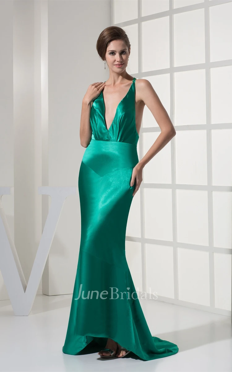 Plunged Satin Mermaid High-Low Dress with Brush Train