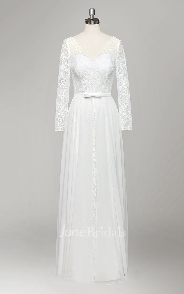 V-Neck Long Sleeve A-Line Lace and Chiffon Wedding Dress With Pleats