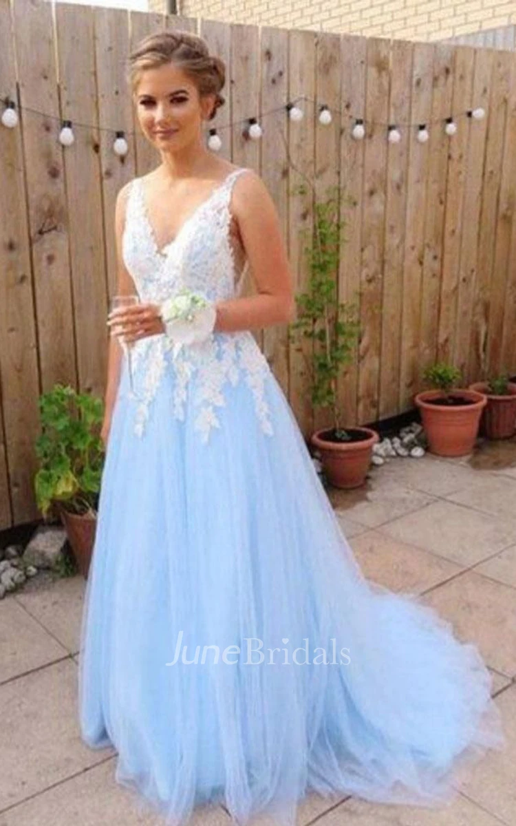 Adorable A Line Tulle Straps V-neck Sleeveless Prom Dress with Appliques and Pleats