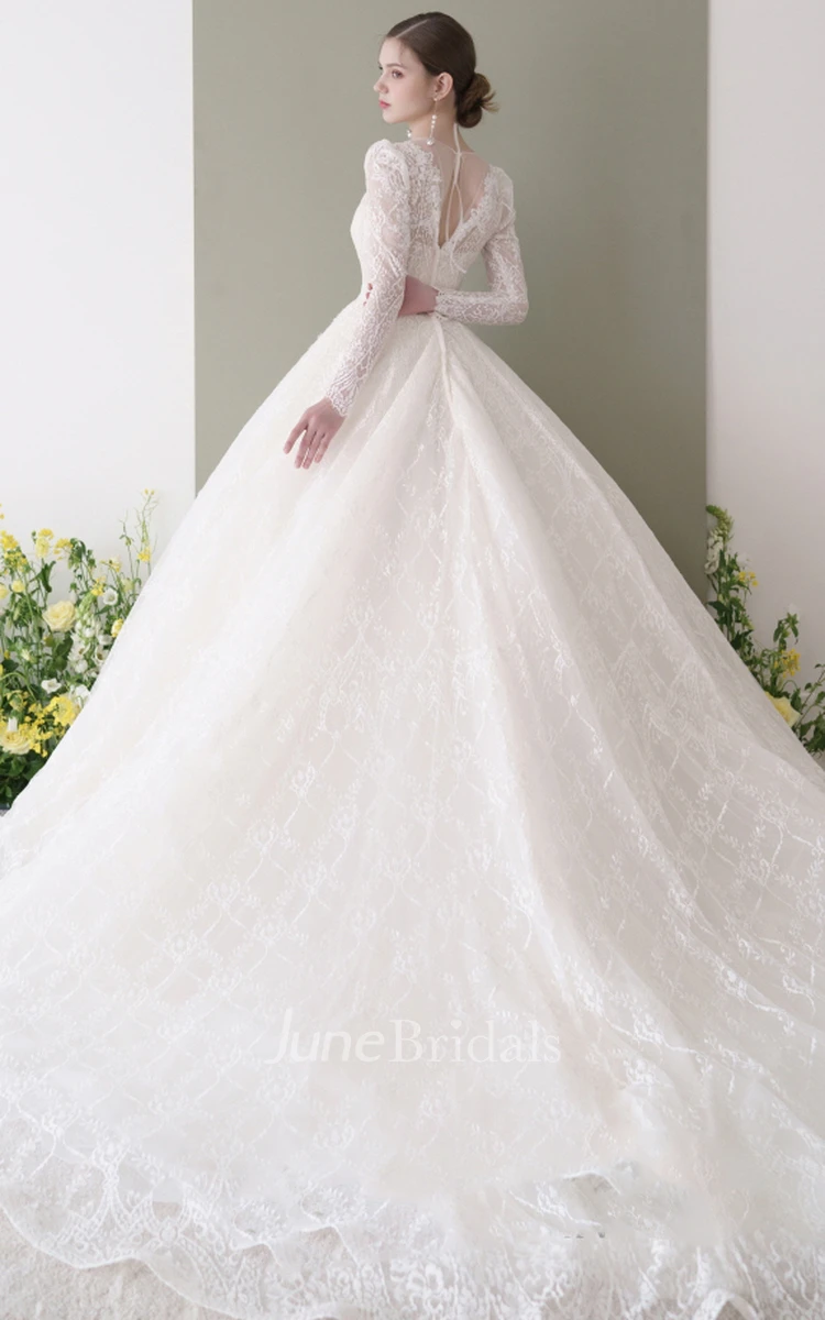 Romantic Floor-length Long Sleeve Lace Ball Gown Keyhole Wedding Dress with Ruching
