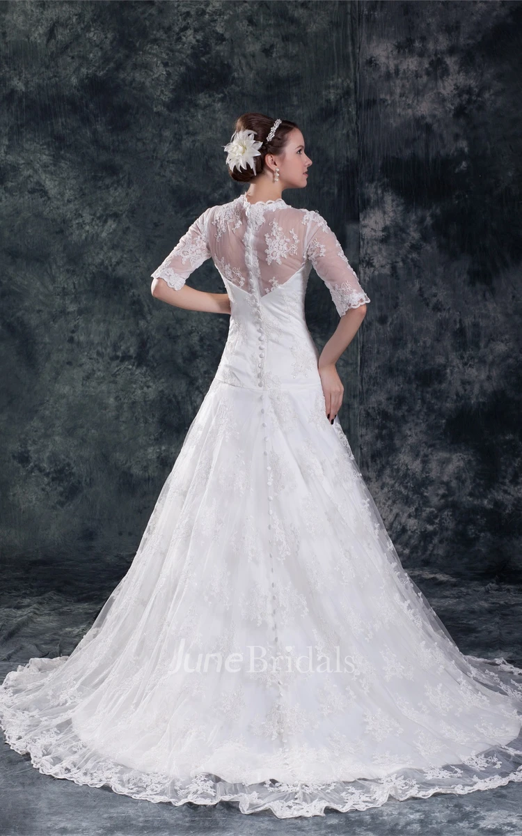 scalloped-neck a-line tulle lace dress with illusion half sleeves