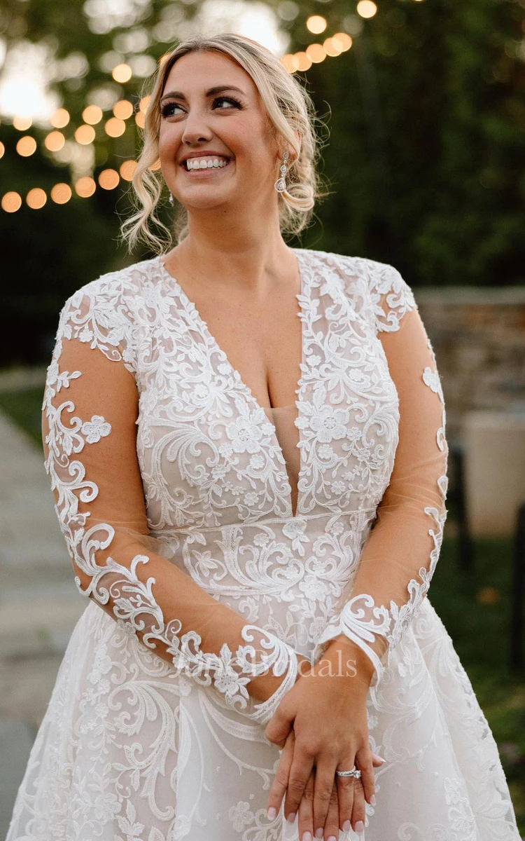 Plus Size Sexy Illusion Long Sleeve Wedding Dress Deep V neck Sweep Train for Bridal