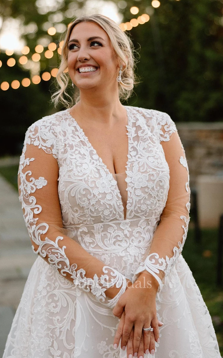 Plus Size Sexy Illusion Long Sleeve Wedding Dress Deep V-neck Sweep Train for Bridal