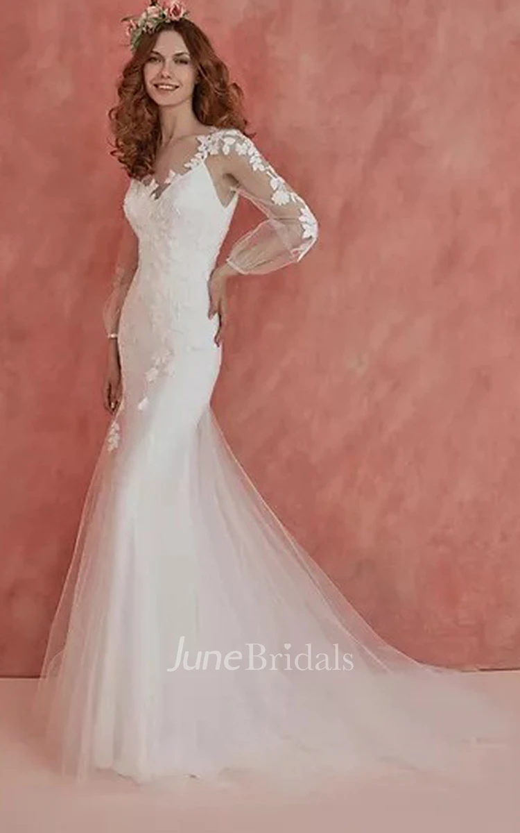 Ethereal Bateau Long Sleeve Sweep Train Floor-Length Trumpet Wedding Dress With Appliques