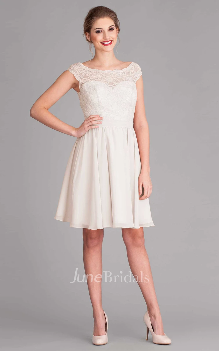 Knee-Length Scoop Cap-Sleeve Lace Wedding Dress