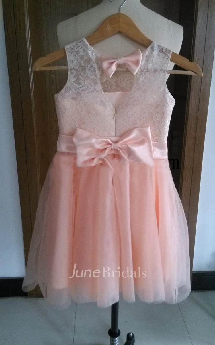 Sleeveless Scoop Neck Lace Top Tulle Dress With Bow Belt