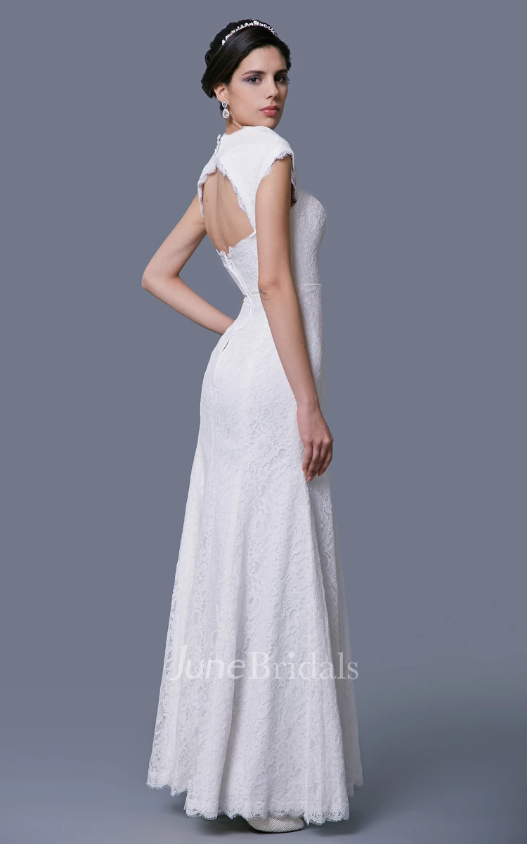 Cap-Sleeved Sheath Lace Dress With Square Neckline and Keyhole Back