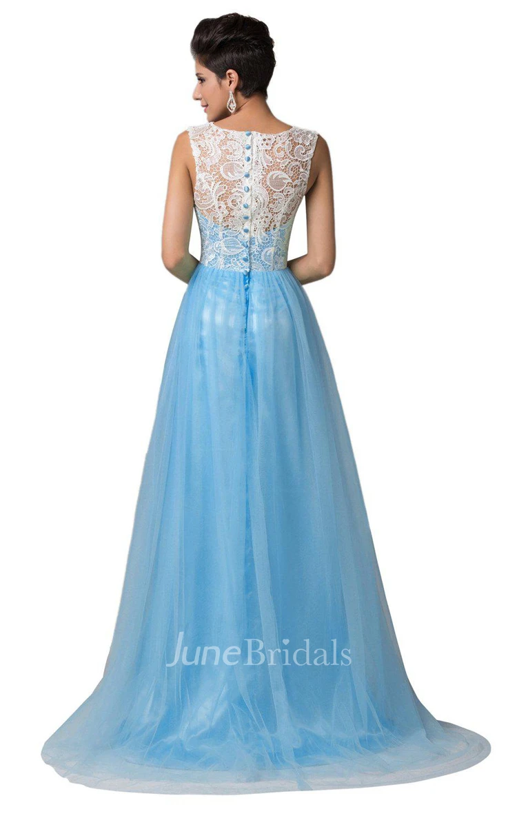 High-neck A-line Chiffon Dress With Lace Bodice