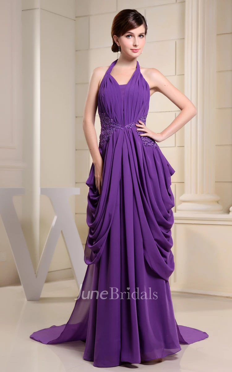Chiffon Pleated Floor-Length Dress With Halter and Applique