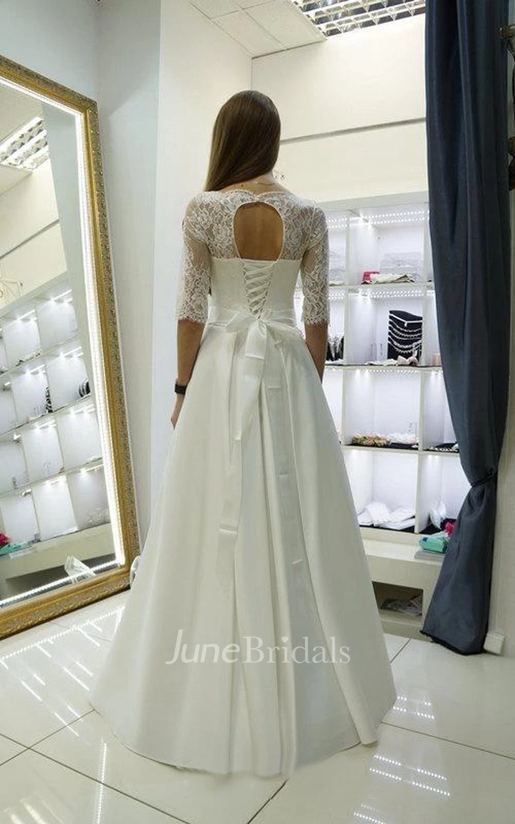 High Neck Lace and Satin Wedding Dress With Half Sleeves