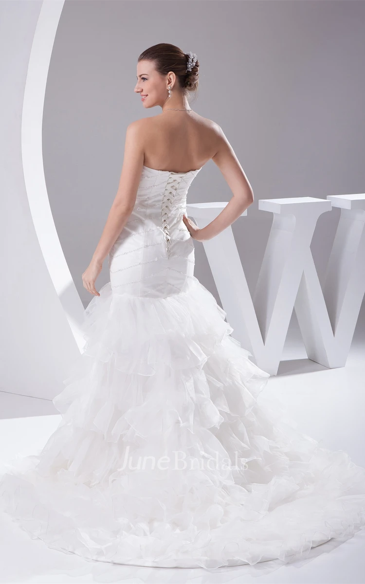 Strapless Column Tiered Gown with Ruffles and Crystal Detailing