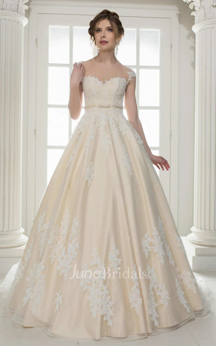 Cap-Sleeve A-Line Satin Ball Gown Wedding Dress With Appliques And Illusion