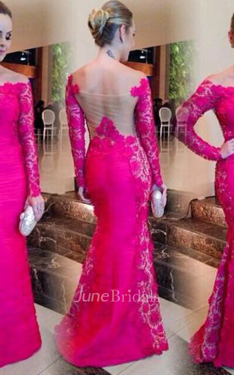 Newest Fuchsia Long Sleeve Mermaid Evening Dress Lace Off-the-shoulder