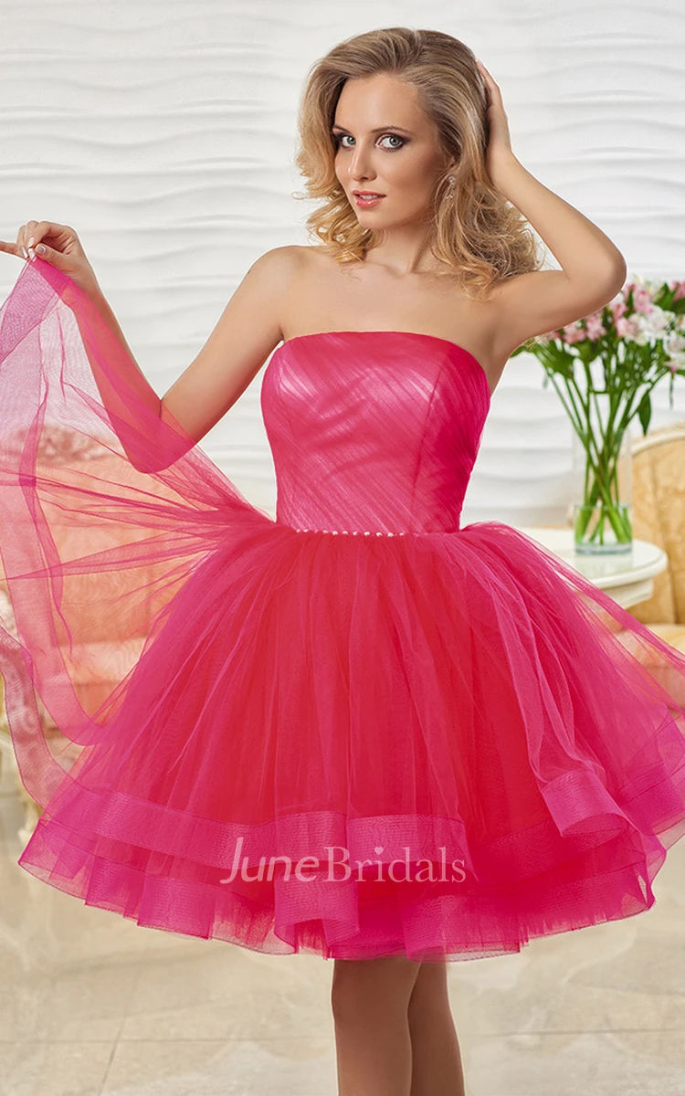 A Line Strapless Ruched Short Mini Sleeveless Tulle Prom Dress With Tiers