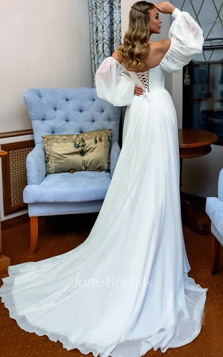 Ethereal A Line Chiffon Split Front Wedding Dress With Long Sleeve