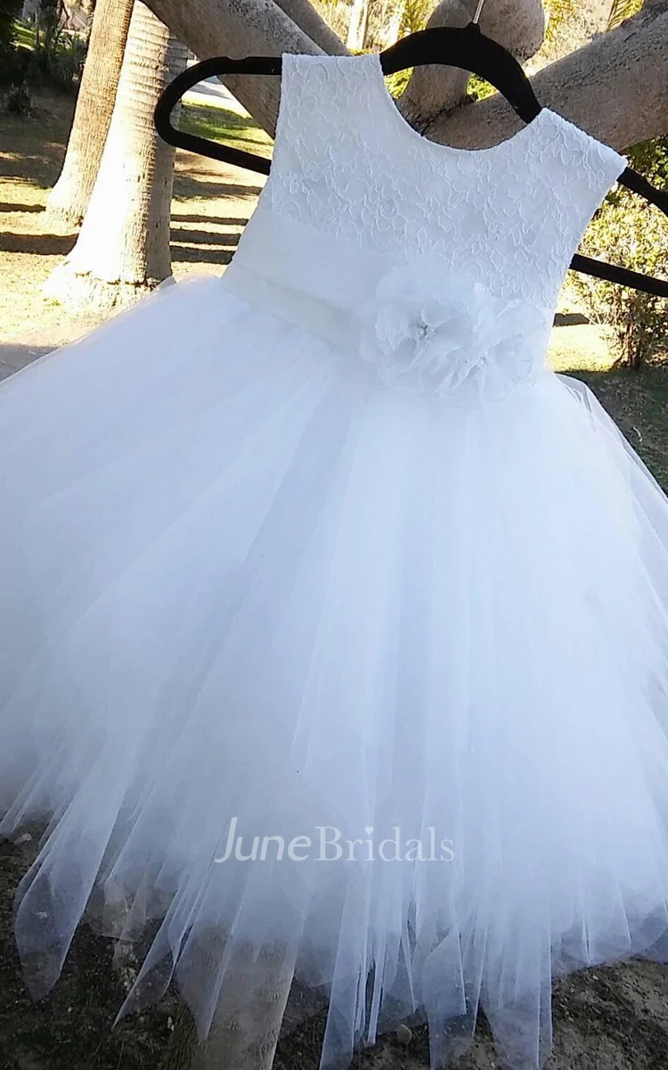 Sleeveless Scoop Tulle Dress With Flower Sash and Lace Bodice