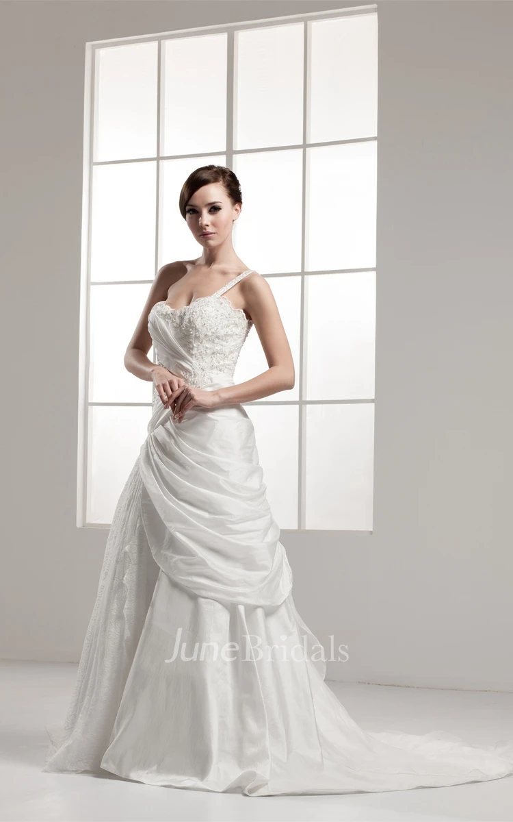 Sleeveless Lace A-Line Gown with Draping and Single Strap