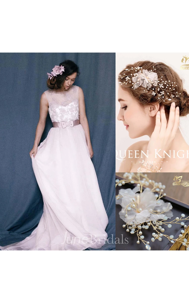 Light Purple Fluffy Wedding Weddig Dress and Rhinestone Pearl Handmade Yarn Tassel Bride Headdress