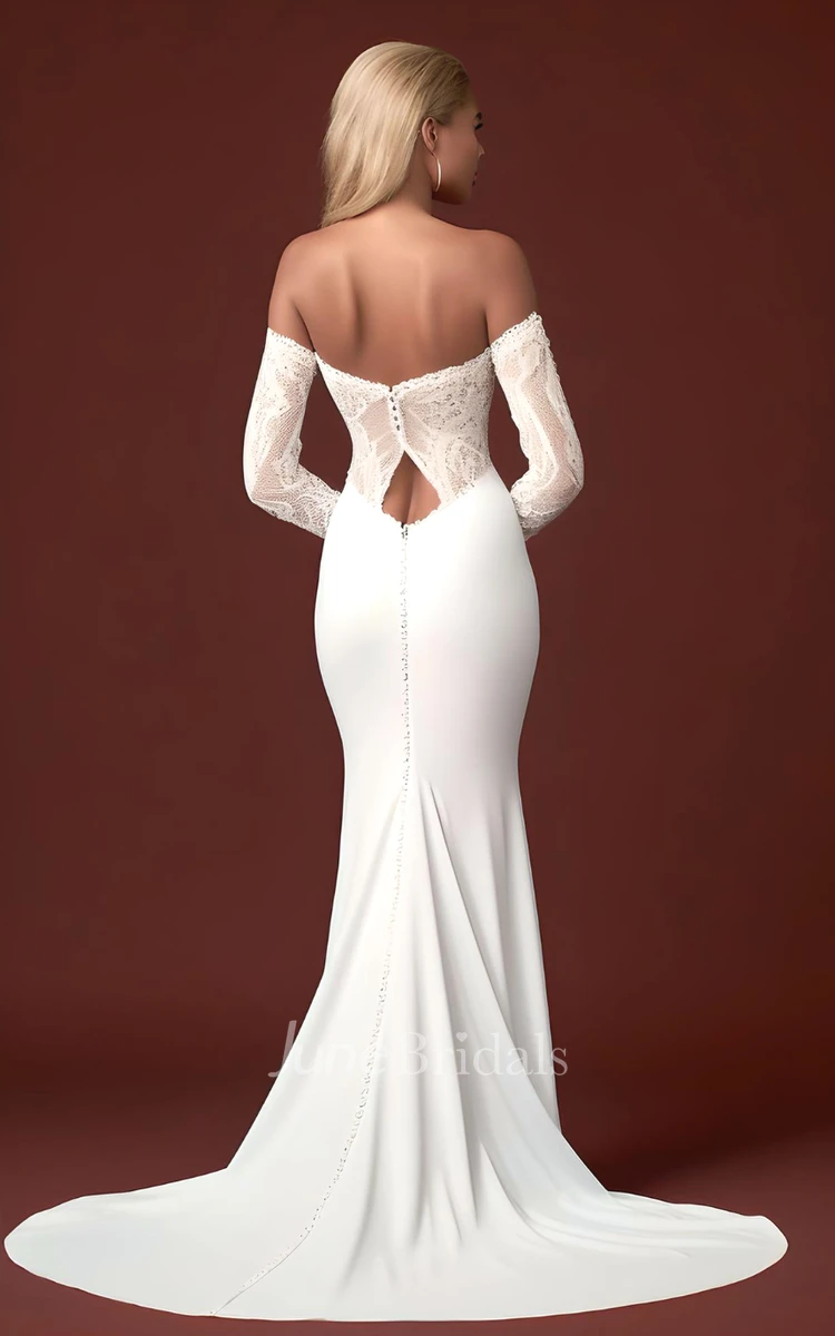 Mermaid Half Sleeve Spandex Lace Wedding Dress with Split Front Off-the-shoulder Country Garden Sweep Train Sexy Elegant