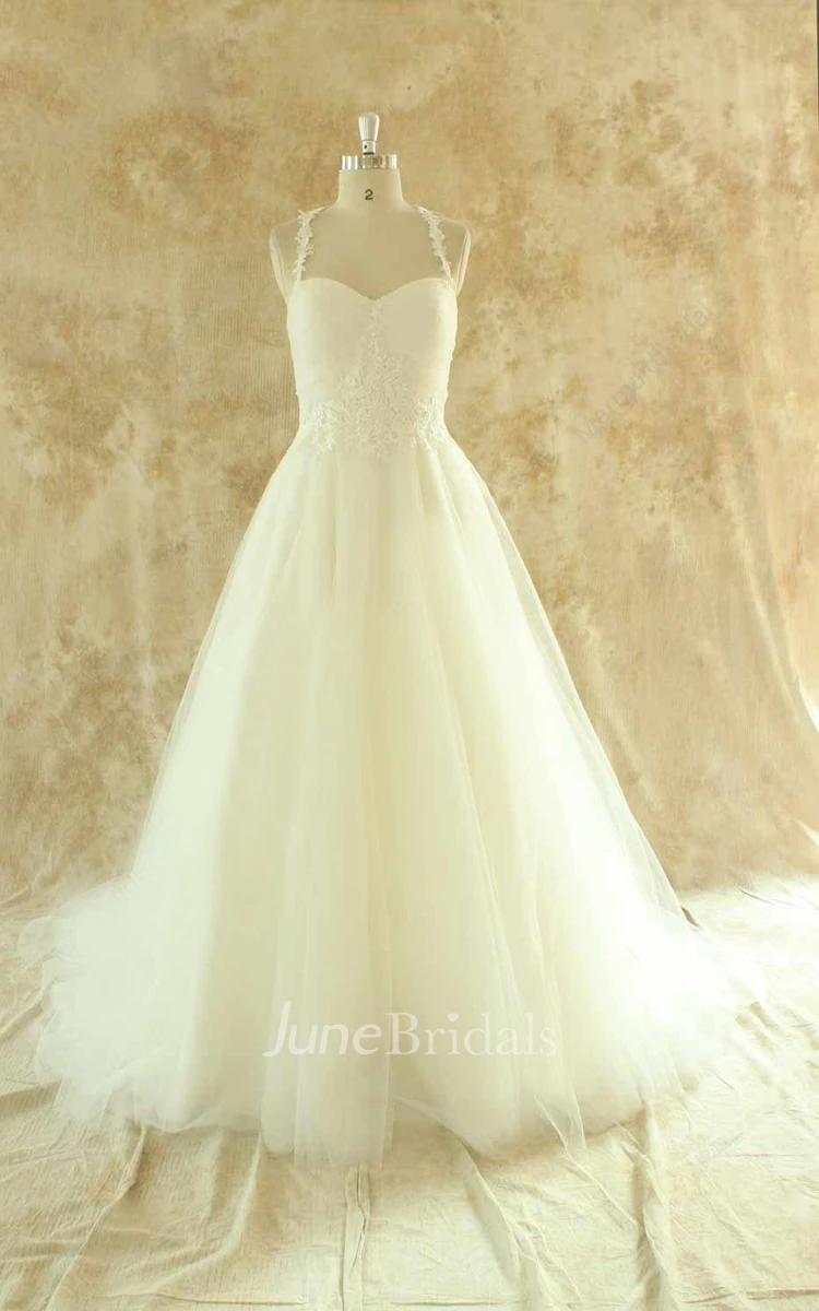 Halter Neck Sleeveless Lace-Up Back Floor-Length Tulle Wedding Dress