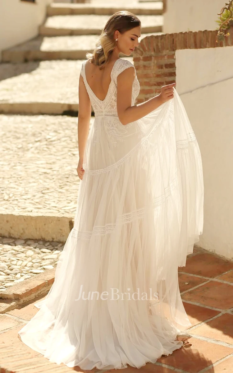 Boho A-Line Lace Wedding Dress Sleeveless Brush Train V-neck with Sexy Low-V Back