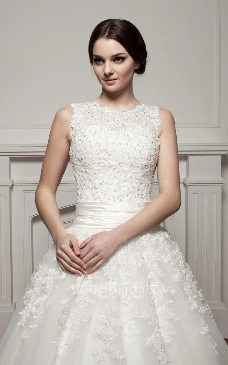 Bateau-Neck Sleeveless Ball Gown with Appliques and Tulle Overlay