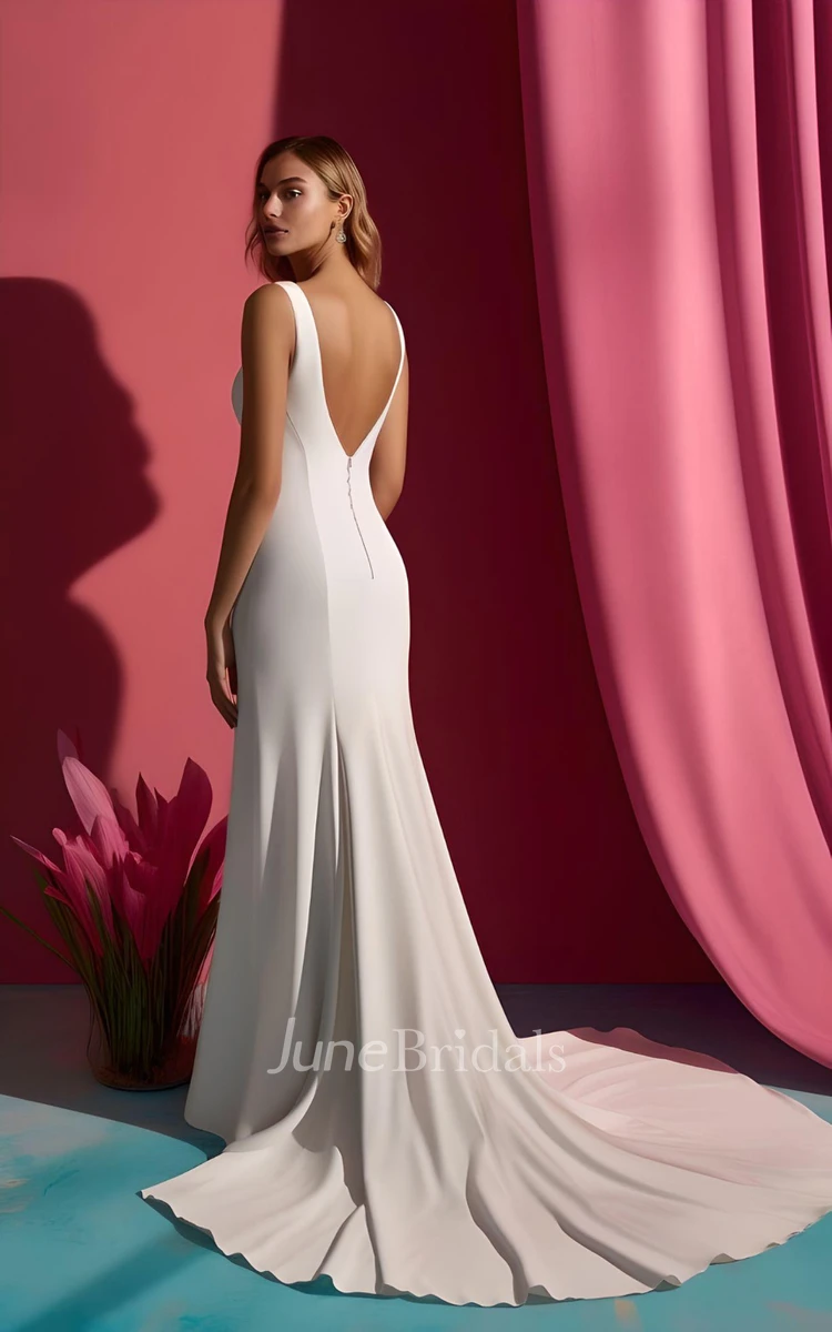 Simple Mermaid Satin Sleeveless Wedding Dress Square Country Garden Court Train V Back Sexy Ethereal Modern
