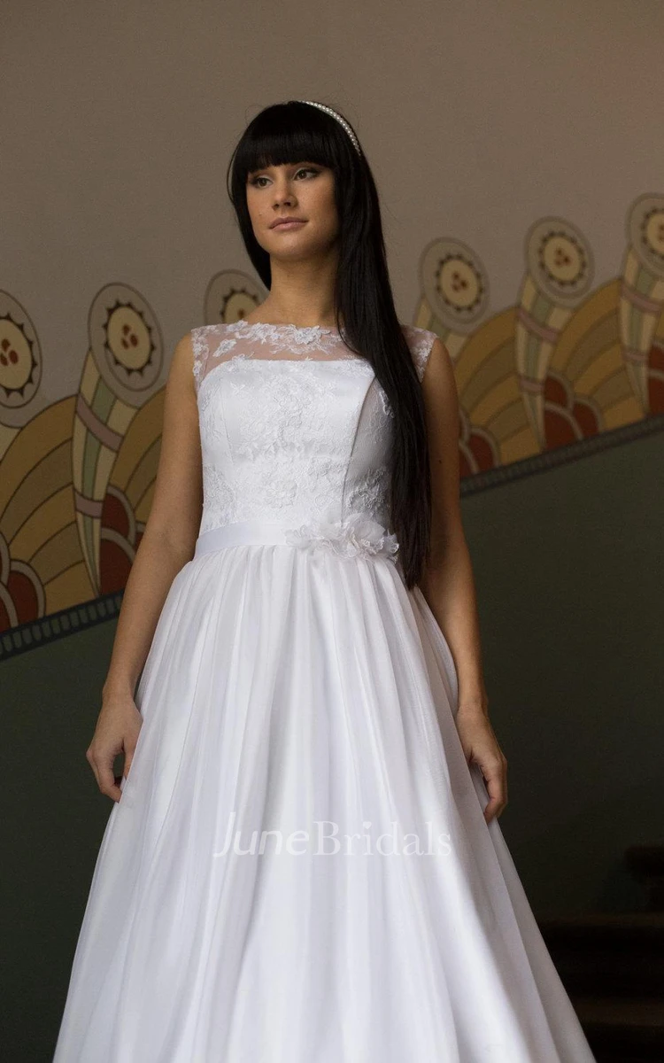 Jewel Neck Sleeveless Long A-Line Chiffon Wedding Dress With Lace Bodice