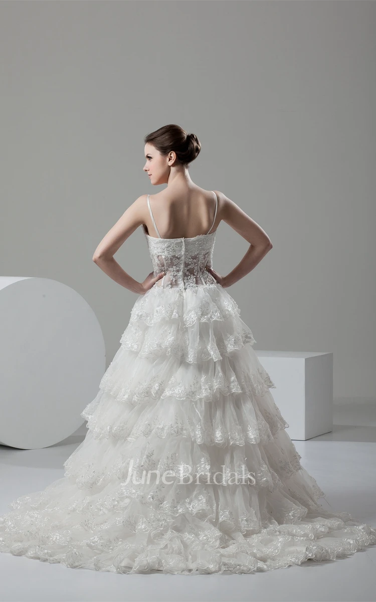 Plunged Tiered Lace A-Line Gown with Spaghetti-Straps