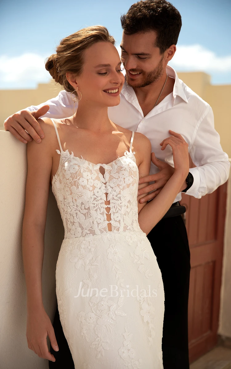 Casual Mermaid Spaghetti Lace Wedding Dress With Open Back And Appliques